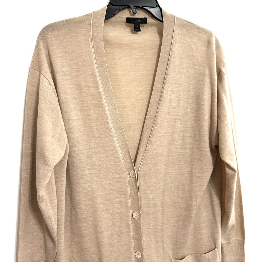 J. Crew Classic 100% Merino Wool Long Cardigan Sweater Preppy Tan Stone EUC sz M - Picture 3 of 10
